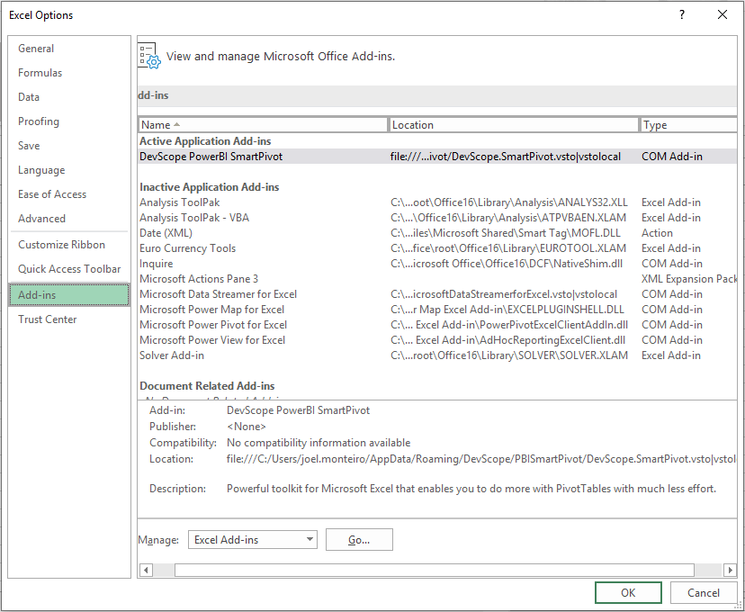 Add-ins screen in Excel